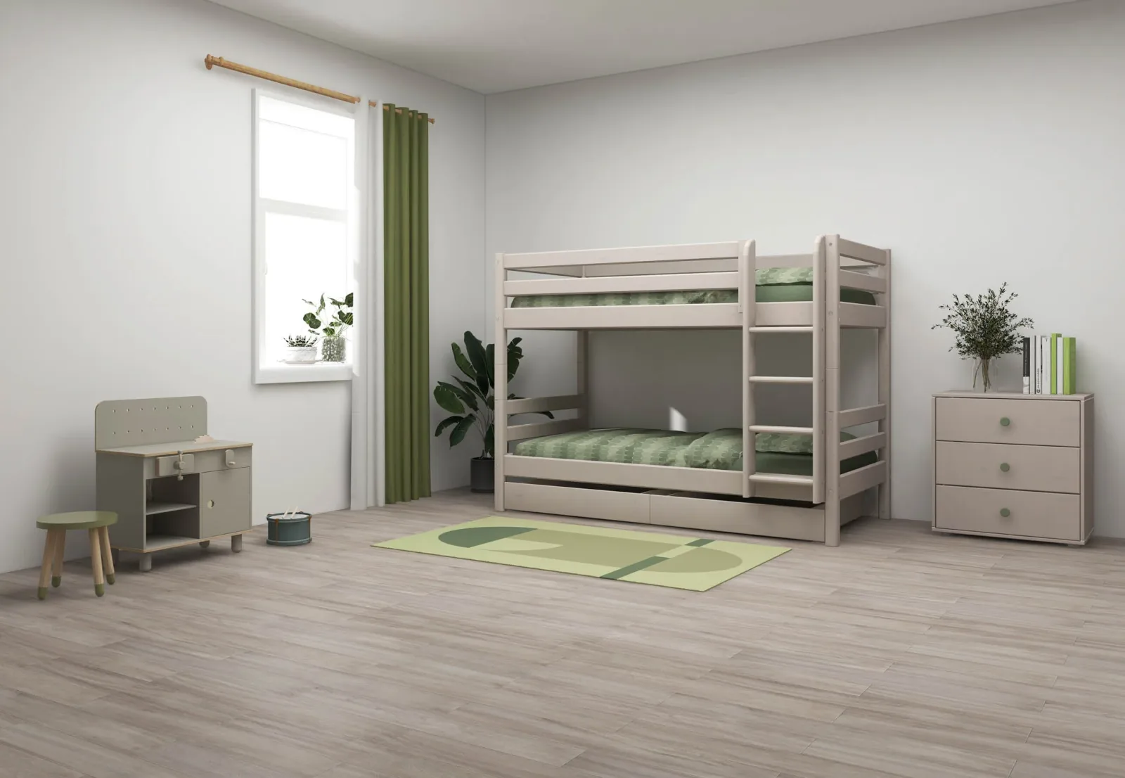 Bunk Bed 154 cm with Pull-out Drawer, Ladder and Safety Rail, 90x200 cm, Grey