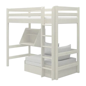 High Bed 184 cm with Desk, Sofa, Ladder and Safety Rail, 90x200 cm, CLASSIC White Washed