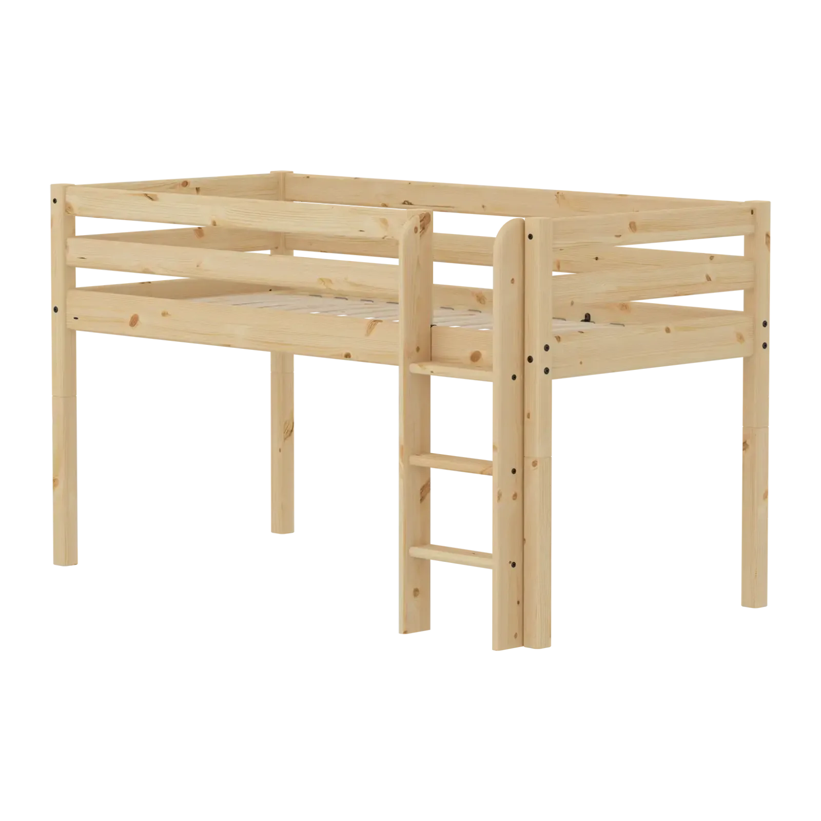 Mid-High Bed with Safety Rails, 90x200 cm, Pine
